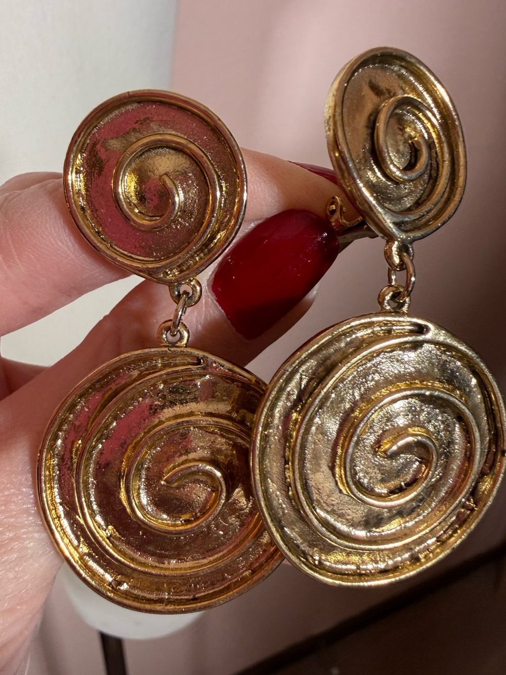 Vintage 1990 gold oversized swirl art deco runway Clip earrings Maximalism